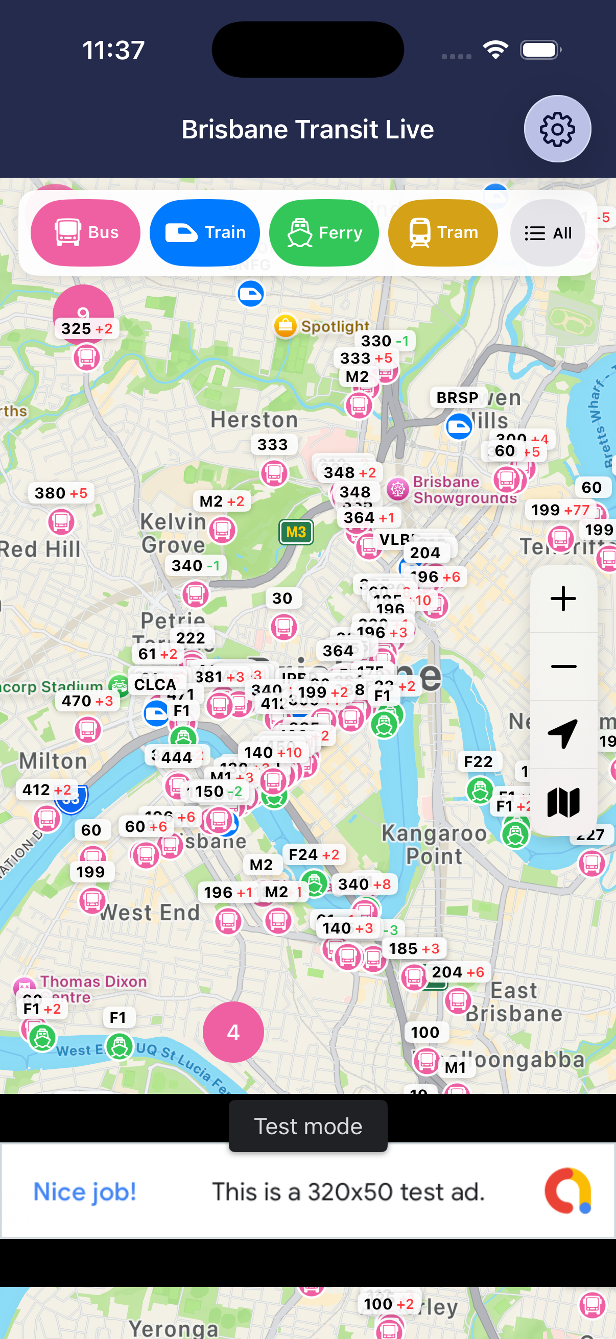 Genuine Brisbane Transit Live simulator screenshot showing mode filters and live vehicles around central Brisbane.